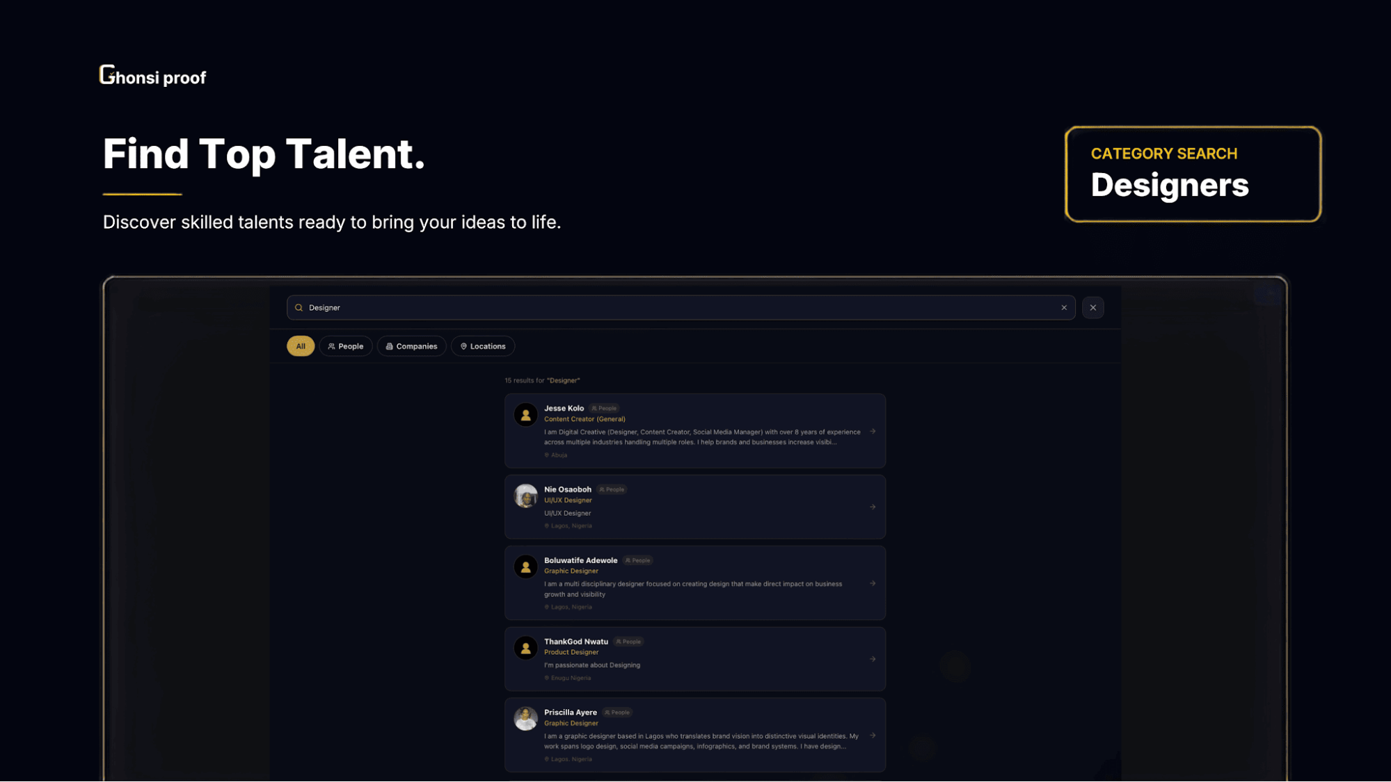 Image showing the search page for talents on Ghonsi proof
